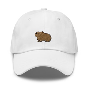 May include: White baseball cap with an embroidered brown capybara on the front.