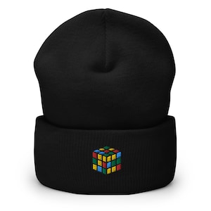 Rubik&#39;s Cube Puzzle Embroidered Beanie, Handmade Cuffed Knit Unisex Slouchy Adult Winter Hat Cap Gift