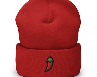 Spicy Pepper Embroidered Beanie, Handmade Cuffed Knit Unisex Slouchy Adult Winter Hat Cap Gift