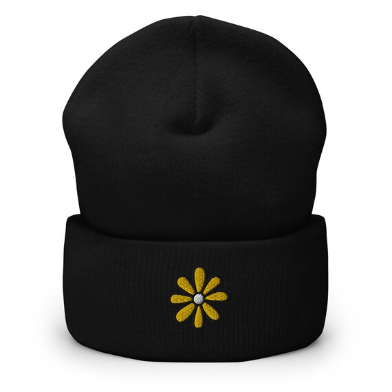 Daisy Flower Embroidered Beanie, Handmade Cuffed Knit Unisex
