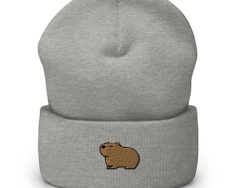 Capybara Embroidered Beanie, Handmade Cuffed Knit Unisex Slouchy Adult Winter Hat Cap Gift