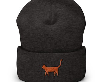Gorro de punto de invierno con bordado de gato atigrado naranja