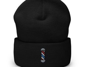 Men's Hair Stylist, Barbers Pole Embroidered Beanie, Handmade Cuffed Knit Unisex Slouchy Adult Winter Hat Cap Gift