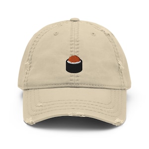 Sushi Roll Ikura Salmon Eggs Embroidered Distressed Dad Hat, Frayed Cap Gift