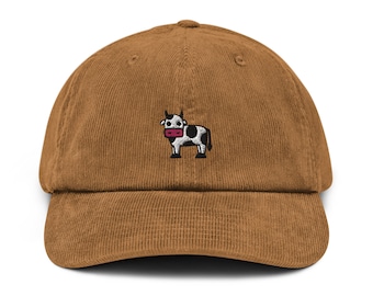 Cow Corduroy Hat, Handmade Embroidered Corduroy Dad Cap - Multiple Colors