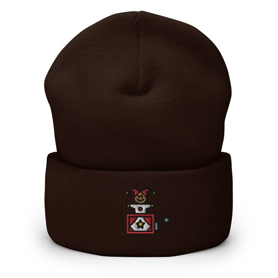Jack in a Box Embroidered Beanie, Handmade Cuffed Knit