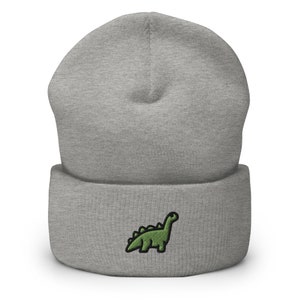 Dinosaur Embroidered Beanie, Handmade Cuffed Knit Unisex Slouchy Adult Winter Hat Cap Gift