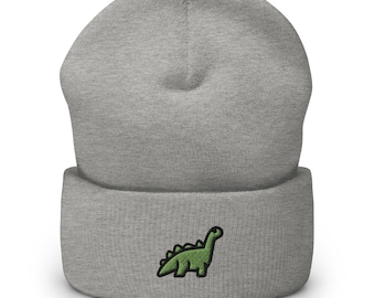 Dinosaur Embroidered Beanie, Handmade Cuffed Knit Unisex Slouchy Adult Winter Hat Cap Gift