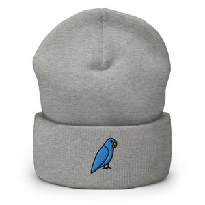 Parrot Bird Embroidered Beanie, Handmade Cuffed Knit Unisex Slouchy Adult Winter Hat Cap Gift