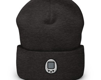 Embroidered Tamagotchi Beanie: 90s Retro Virtual Pet Knit Hat