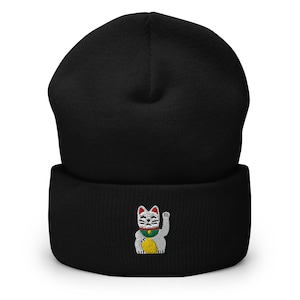 Maneki-neko Lucky Waving Cat Embroidered Beanie, Handmade Cuffed Knit Unisex Slouchy Adult Winter Hat Cap Gift
