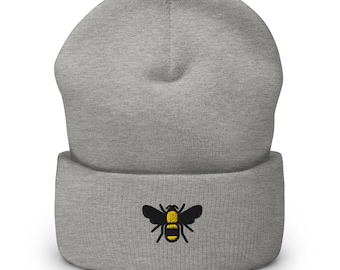 Bumblebee Embroidered Beanie, Handmade Cuffed Knit Unisex Slouchy Adult Winter Hat Cap Gift