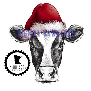 Black White Holstein Cow Face With Santa Hat Watercolor Christmas- Digital File ~ Sublimation Design ~ PNG Download ~  ~ DIY Tshirt & Craft