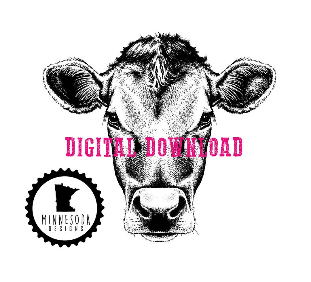 Black White Cow Face Digital File Sublimation Design PNG Download DIY