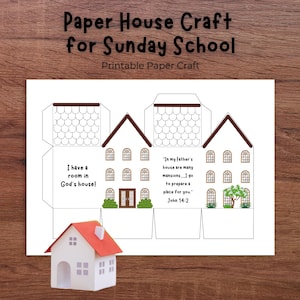 May include: A white paper house craft for Sunday School with the text "Paper House Craft for Sunday School" and "Printable Paper Craft". The paper house has a red roof and is next to a completed paper house.