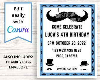 Mustache Birthday Invitation and Thank You Card Template Printable PDF