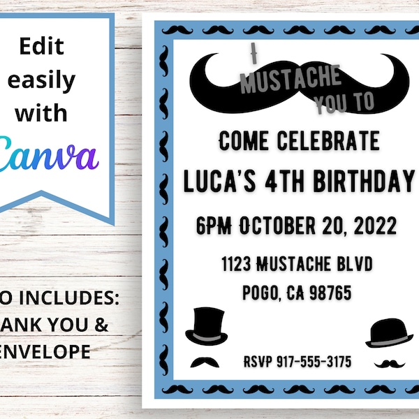 Mustache Birthday Invitation and Thank You Card Template Printable PDF