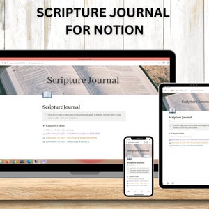 Op de afbeelding: Schermafbeelding van een laptop, tablet en telefoon die een website voor een Schrift-journaal voor Notion weergeven. De website heeft een titel, "Schrift-journaal", en instructies over hoe je een nieuwe Schrift-journaalpagina kunt toevoegen. De website bevat ook een sectie voor "Categoriekleuren" met voorbeelden van datums en Schriftverwijzingen.