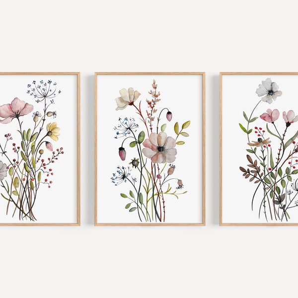 Lot de 3 impressions de fleurs sauvages, art mural floral, impression botanique, impression aquarelle, impression d'art floral, impression d'art de fleurs, art mural de fleurs