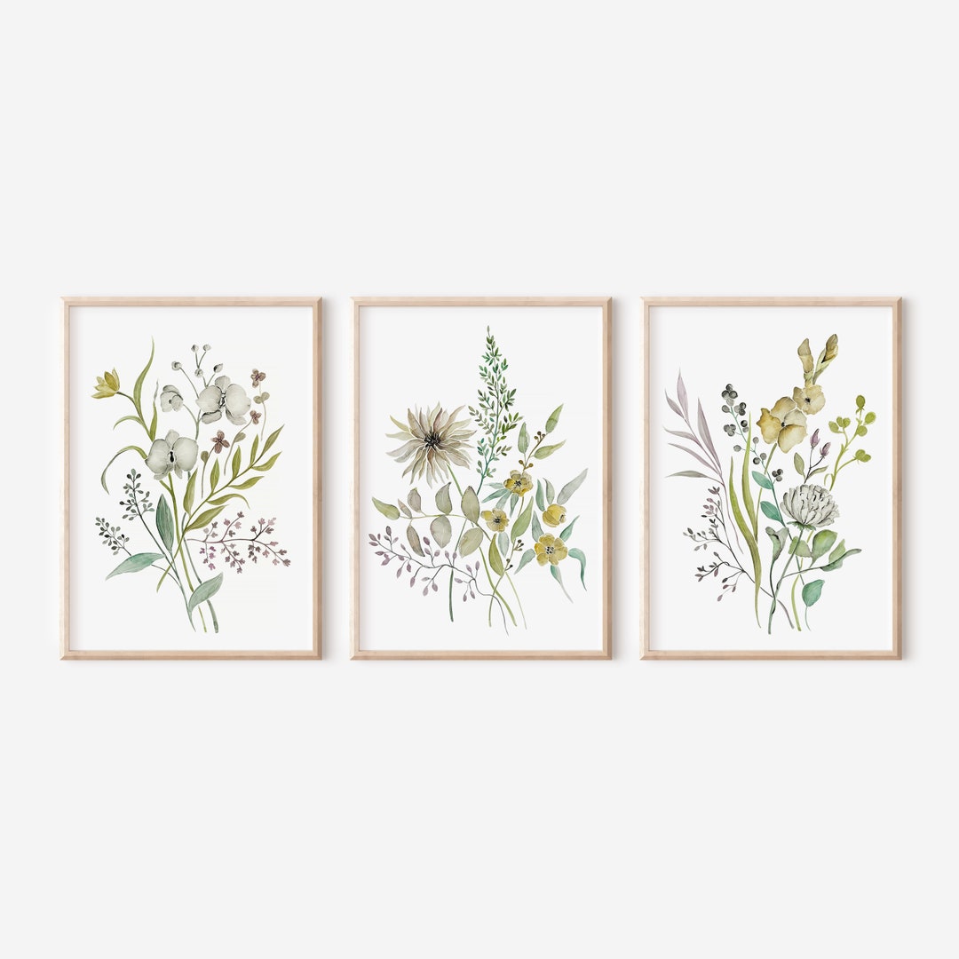 Set of 3 Wildflower Watercolor Prints: Botanical Wall Art (digital ...