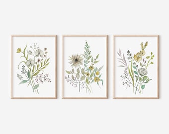 Set of 3 Wildflower Watercolor Prints: Botanical Wall Art (Digital Download)