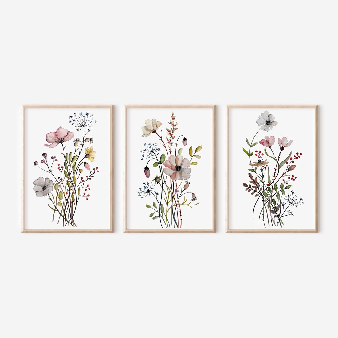 Wildflower Watercolor Print Set: Pastel Floral Botanical Art (digital ...
