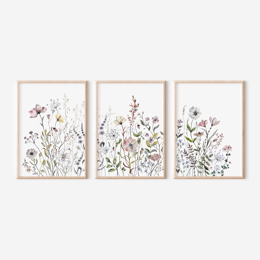 Set of 3 Watercolor Wildflower Prints: Pastel Floral Wall Art (digital ...