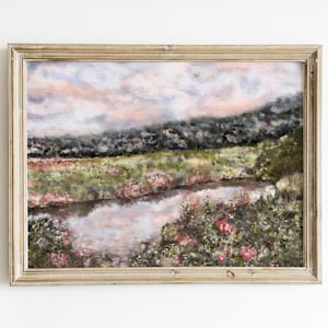 Flower Field Landscape Oil Painting Print: Spring Farmhouse Decor (Digital Download)