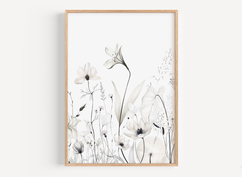 May include: A framed print of a watercolor painting featuring a delicate arrangement of white flowers and leaves on a white background.