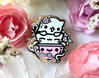 Cat-momile Tea- Cat Chamomile Tea Hard Enamel Pin: Kit-Tea Time- cute, kawaii, gift, lapel pin