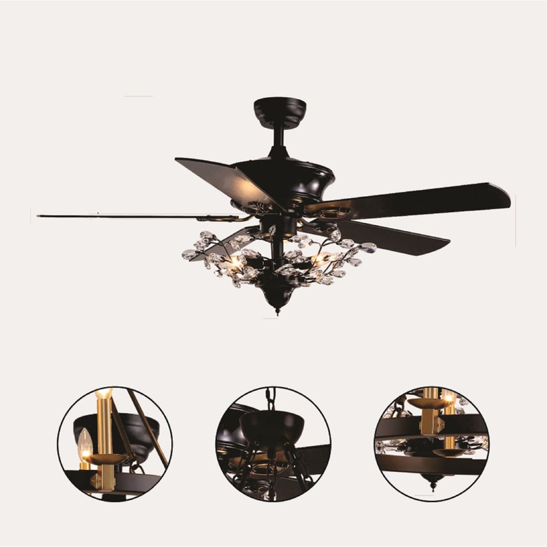 Black Crystal Ceiling Fan, 50inch Modern Crystal Chandelier, Ceiling