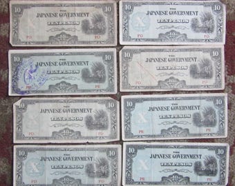 Collection of 14 Vintage Japanese 10 Pesos, History, World War II