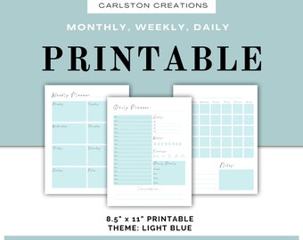 Monthly Planner | Weekly Planner | Daily Planner | Light Blue | Feminine | Printable | Digital | PDF