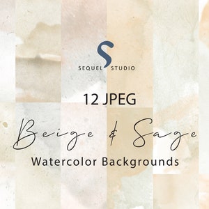 Op de afbeelding: Een set van 12 digitale aquarel achtergronden in beige en saliegroene tinten. De achtergronden zijn perfect om een ​​toets van elegantie en verfijning aan uw ontwerpen toe te voegen.
