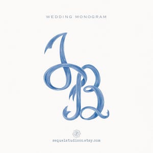 May include: A blue ribbon monogram with the letters "JB" intertwined. The monogram is a watercolor illustration and is perfect for wedding invitations or other stationery.