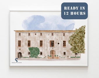 Watercolor Wedding Venue Sketch, Custom Building Illustration (Digital File), Christmas Gift