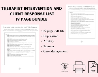 Intervention and Response List Bundle for Mental Health Clinicians/Therapists/Social Workers Downloadable Worksheets