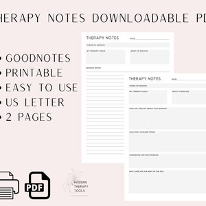 Puede incluir: Plantilla de notas de terapia imprimible en blanco y negro con el texto "Therapy Notes" en la parte superior de la página. La plantilla incluye secciones para la fecha, el tema de la sesión, los objetivos de terapia, las notas de la sesión, cómo te sientes con respecto a la sesión, qué exploraste hoy, la tarea para la próxima sesión, el cuidado personal para el resto del día y qué discutir. La plantilla está diseñada para usar con Goodnotes.