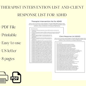 Könnte beinhalten: Ein digitales PDF-Dokument mit dem Titel "Therapeuten-Interventionsliste und Kundenantwortliste für ADHS". Das Dokument enthält Listen mit Interventionen und Kundenantworten. Das Dokument ist druckbar, einfach zu bedienen und im US-Letter-Format mit 8 Seiten.