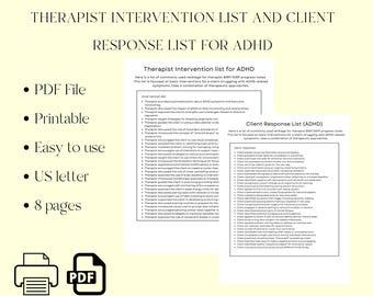 ADHDTherapist Notes Intervention and Response list | GIRP BIRP Style Documentation Psychotherapy Social Work Therapy Aid