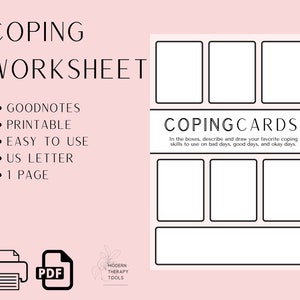 Könnte beinhalten: Druckbare Arbeitsblätter für Bewältigungsmechanismen mit dem Titel "Coping Cards". Das Arbeitsblatt enthält sechs Kästchen, in denen Benutzer ihre bevorzugten Bewältigungsmechanismen beschreiben und zeichnen können, die sie an schlechten Tagen, guten Tagen und normalen Tagen anwenden.