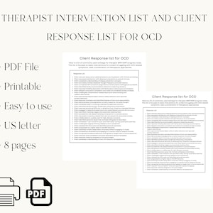 Könnte beinhalten: Ein druckbares PDF-Dokument mit dem Titel "Therapeuteninterventionsliste und Kundenantwortliste für Zwangsstörungen". Das Dokument enthält eine Liste von Kundenantworten und ist für die Verwendung mit Papier im US-Letter-Format konzipiert. Das Dokument ist 8 Seiten lang und einfach zu bedienen.