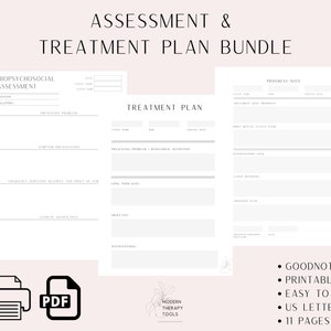 May include: A printable treatment plan bundle for therapists. The bundle includes a biopsychosocial assessment, a treatment plan, and a progress note. The pages are designed with a modern aesthetic and feature a floral illustration. The bundle is available as a PDF download.