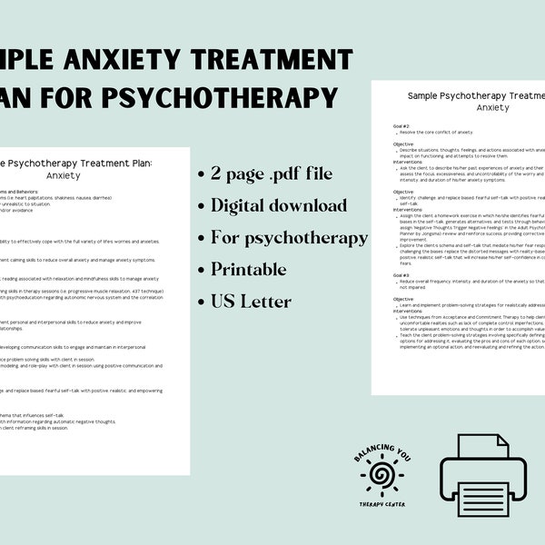 Sample Psychotherapy Treatment Plan For Anxiety - Tool for Therapists - Digital Downloads Printable PDF