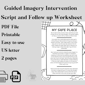 May include: Black and white printable PDF worksheet with the title "My Safe Place" and instructions for a guided imagery exercise. The worksheet is designed to help people connect with their bodies and feel at ease.
