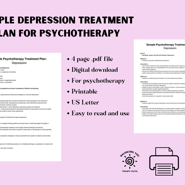 Sample Psychotherapy Treatment Plan For Depression- Tool for Therapists - Digital Downloads Printable PDF