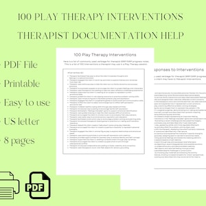 Könnte beinhalten: Ein digitales PDF-Dokument mit dem Titel "100 Play Therapy Interventions" mit hellgrünem Hintergrund. Das Dokument enthält eine Liste von Interventionen und ist als Therapeuten-Dokumentationshilfe gekennzeichnet. Das Dokument ist druckbar, einfach zu bedienen und im US-Letter-Format.