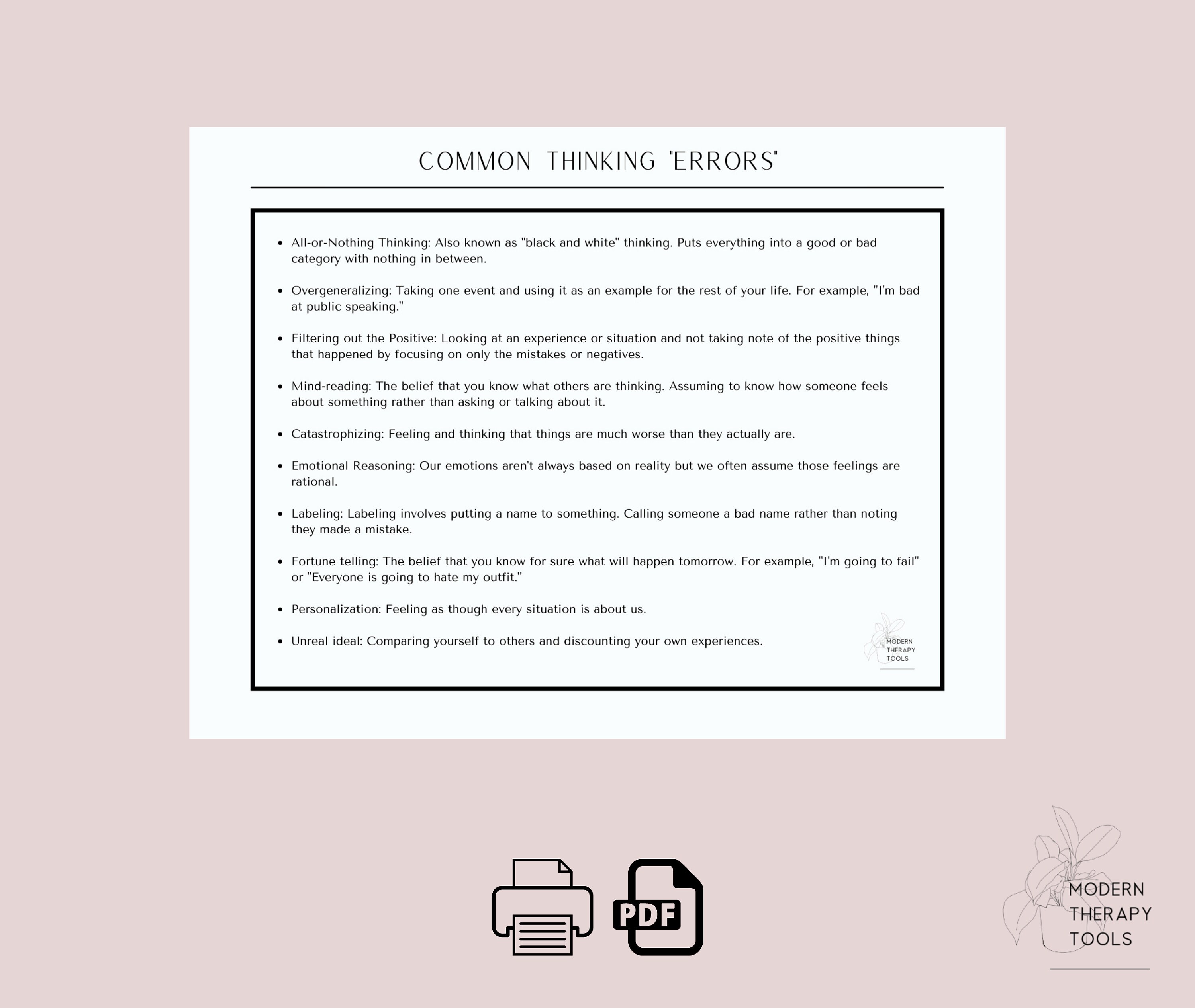 COO_T 　CBT辞典　G CBT Thought Log | Thinking Errors Sheet | Printable PDF
