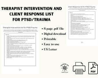 Trauma/PTSD Documentation Intervention List - Therapist PDF Downloadable Notes