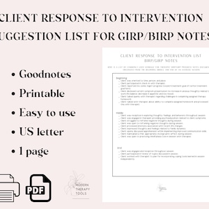 Könnte beinhalten: Ein druckbares PDF-Dokument mit einer Liste von Vorschlägen für Notizen zur Reaktion des Klienten auf Interventionen für GIRP/BIRP-Notizen. Das Dokument enthält eine Liste von Funktionen wie Goodnotes, Druckbar, Einfach zu bedienen, US-Brief und 1 Seite.